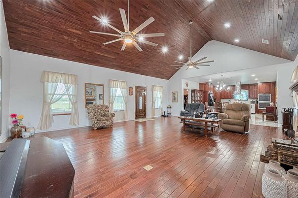 Interior, Kitchen, Living room, Recessed Lighting, Stainless Steel Appliances, Wooden Ceilings, Wood Texture Flooring