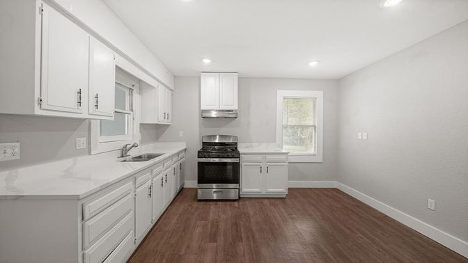 Interior, Kitchen, Recessed Lighting, Stainless Steel Appliances, Wood Texture Flooring