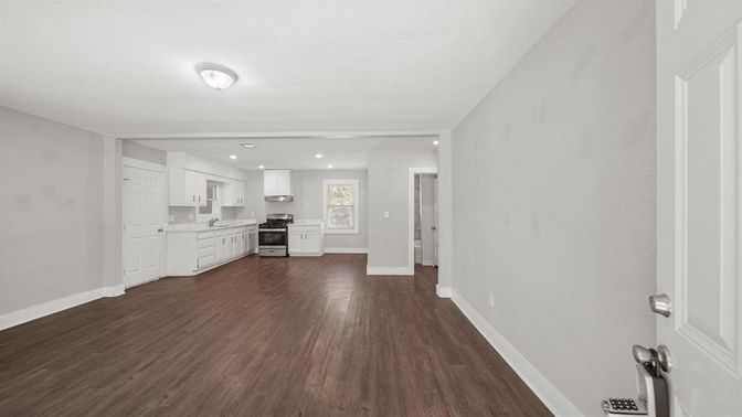 Empty room, Interior, Kitchen, Recessed Lighting, Wood Texture Flooring