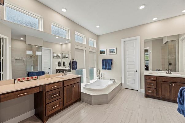 Bathroom, Dual Sink Vanities, Glass Shower, Interior, Recessed Lighting