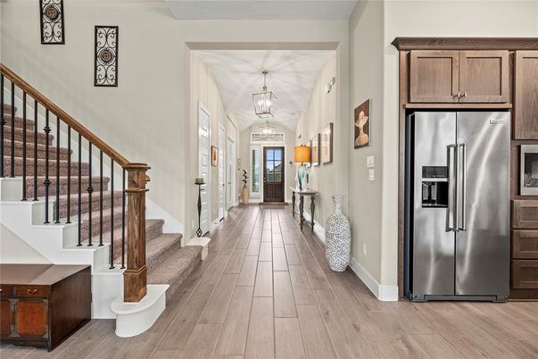 Chandelier, Interior, Pendant Lights, Stainless Steel Appliances, Wood Texture Flooring