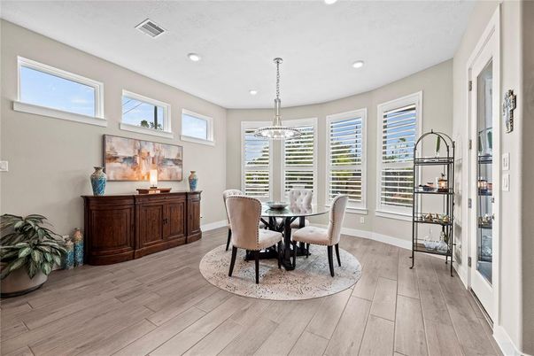 Dining room, Interior, Pendant Lights, Recessed Lighting, Wood Texture Flooring
