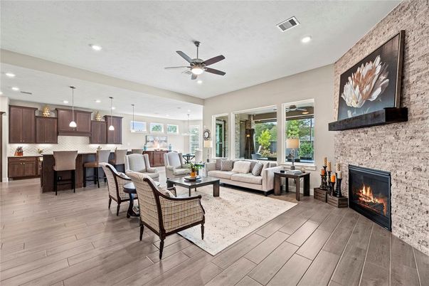 Dining room, Fireplace, Interior, Kitchen, Living room, Pendant Lights, Recessed Lighting, Stone Walls, Wood Texture Flooring