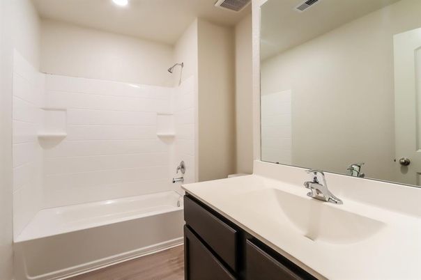 Bathroom, Dual Sink Vanities, Interior, Recessed Lighting, Wood Texture Flooring