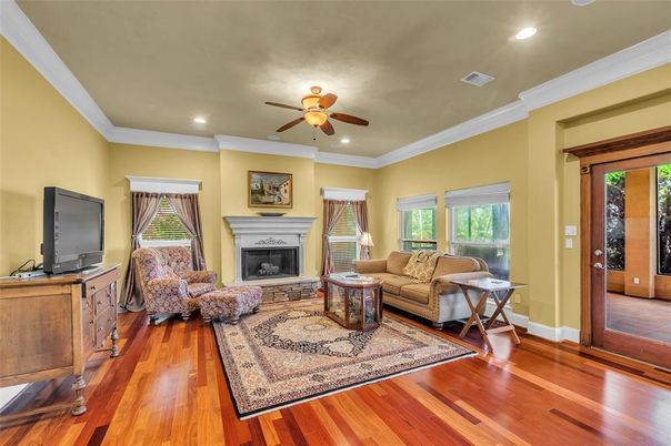 Fireplace, Interior, Living room, Recessed Lighting, Wood Texture Flooring