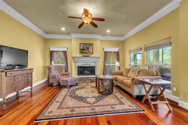 Fireplace, Interior, Living room, Recessed Lighting, Wood Texture Flooring