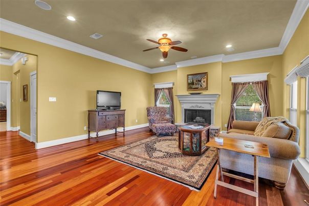 Fireplace, Interior, Living room, Recessed Lighting, Wood Texture Flooring