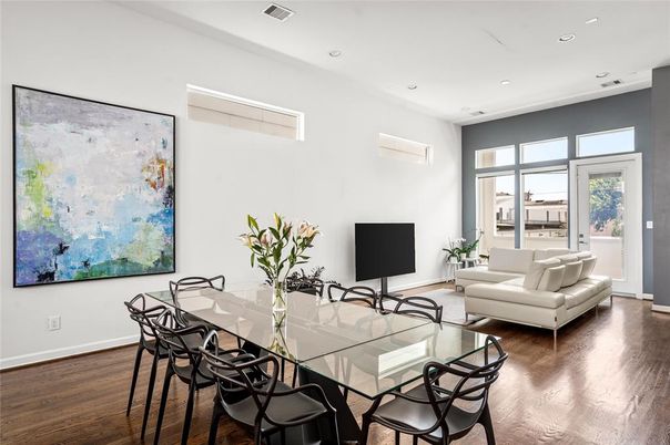 Dining room, Interior, Living room, Recessed Lighting, Wood Texture Flooring
