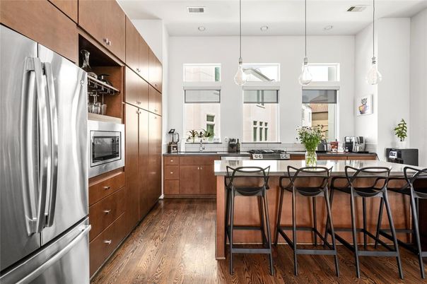 Interior, Kitchen, Pendant Lights, Recessed Lighting, Stainless Steel Appliances, Wood Texture Flooring