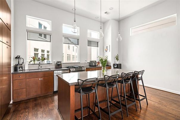 Interior, Kitchen, Pendant Lights, Recessed Lighting, Wood Texture Flooring