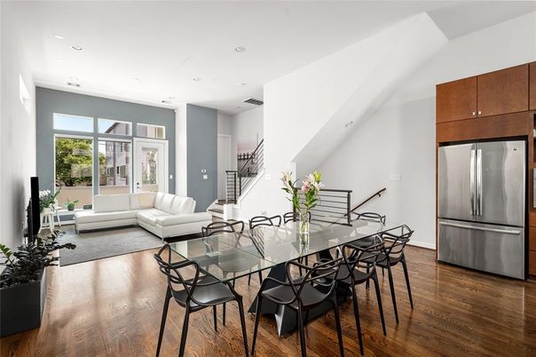 Dining room, Interior, Kitchen, Living room, Recessed Lighting, Wood Texture Flooring