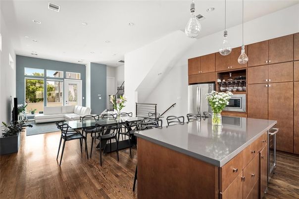 Dining room, Interior, Kitchen, Living room, Pendant Lights, Recessed Lighting, Wood Texture Flooring
