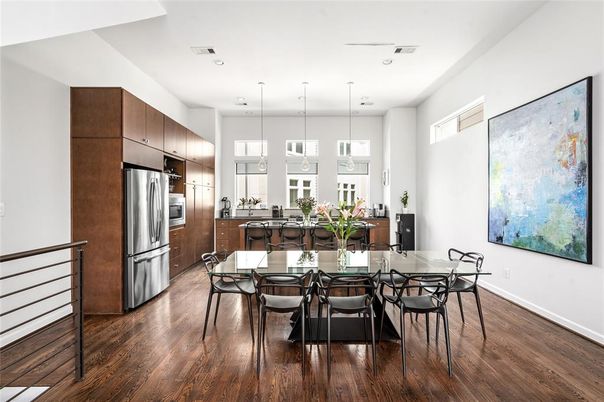 Dining room, Interior, Kitchen, Pendant Lights, Recessed Lighting, Stainless Steel Appliances, Wood Texture Flooring