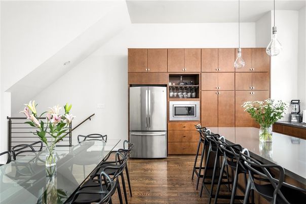 Dining room, Interior, Kitchen, Pendant Lights, Stainless Steel Appliances, Wood Texture Flooring