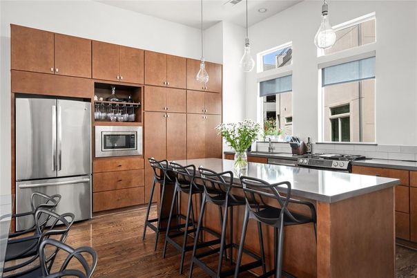 Interior, Kitchen, Pendant Lights, Stainless Steel Appliances, Wood Texture Flooring