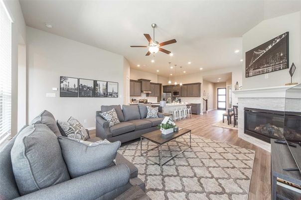 Fireplace, Interior, Kitchen, Living room, Pendant Lights, Recessed Lighting, Wood Texture Flooring
