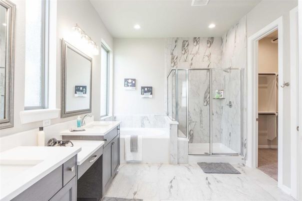 Bathroom, Dual Sink Vanities, Glass Shower, Interior, Marble, Marble Walls, Recessed Lighting