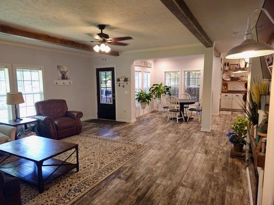 Dining room, Interior, Living room, Pendant Lights, Wooden Beams, Wood Texture Flooring