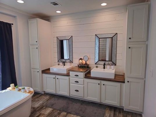 Bathroom, Dual Sink Vanities, Interior, Recessed Lighting, Wood Texture Flooring