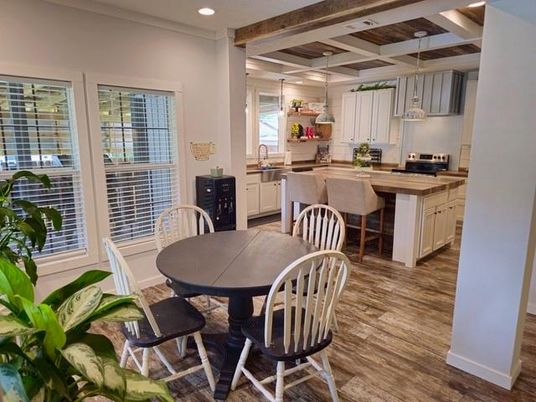 Dining room, Interior, Kitchen, Pendant Lights, Recessed Lighting, Wooden Beams, Wood Texture Flooring