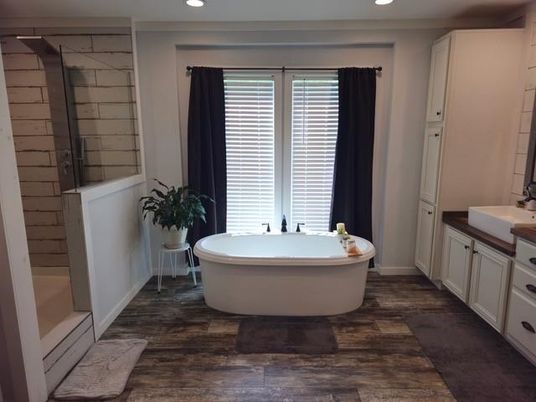Bathroom, Free Standing Baths, Interior, Recessed Lighting, Wood Texture Flooring