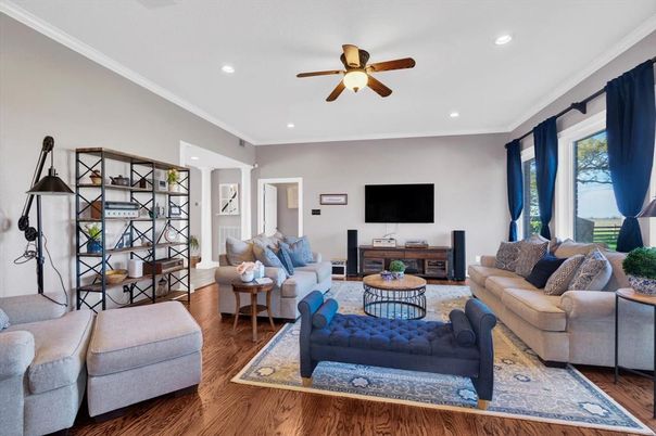 Interior, Living room, Recessed Lighting, Wood Texture Flooring