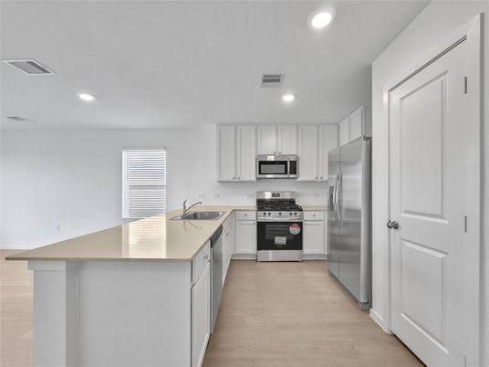 Interior, Kitchen, Recessed Lighting, Stainless Steel Appliances, Wood Texture Flooring