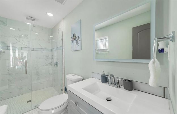 Bathroom, Glass Shower, Interior, Marble Walls, Recessed Lighting