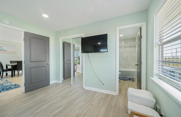 Bathroom, Interior, Marble Walls, Recessed Lighting, Wood Texture Flooring