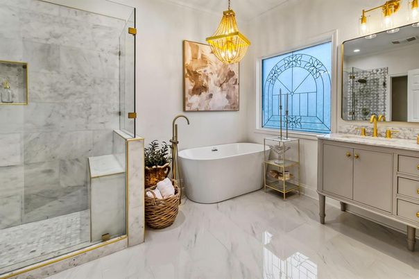 Bathroom, Chandelier, Free Standing Baths, Glass Shower, Interior, Marble, Marble Walls