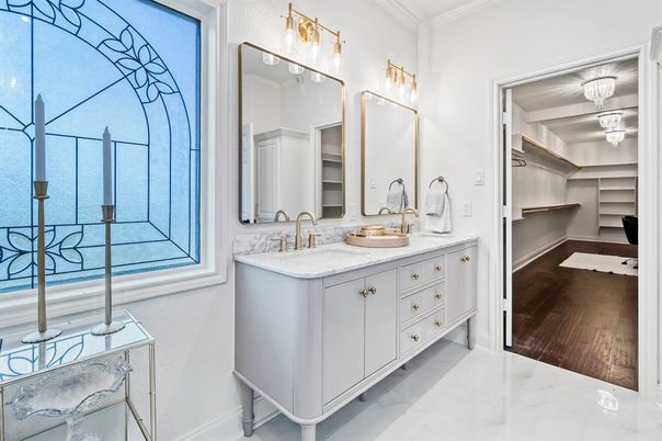 Bathroom, Dual Sink Vanities, Interior, Marble, Walk-in Closets, Wood Texture Flooring