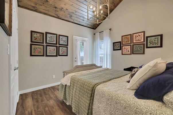 Bedroom, Interior, Pendant Lights, Wooden Ceilings, Wood Texture Flooring