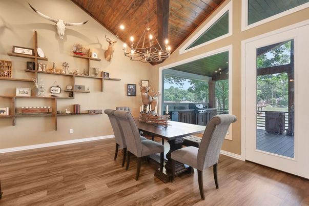 Chandelier, Dining room, Interior, Recessed Lighting, Wooden Ceilings, Wood Texture Flooring