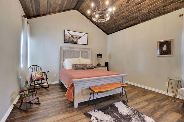 Bedroom, Chandelier, Interior, Wooden Ceilings, Wood Texture Flooring