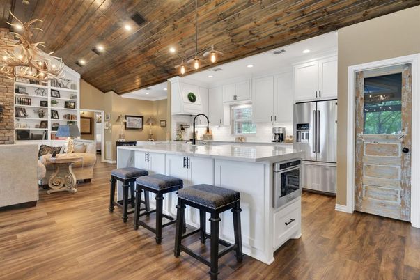 Interior, Kitchen, Pendant Lights, Recessed Lighting, Stainless Steel Appliances, Wooden Ceilings, Wood Texture Flooring