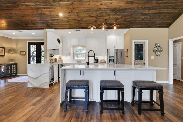 Interior, Kitchen, Recessed Lighting, Stainless Steel Appliances, Wooden Ceilings, Wood Texture Flooring