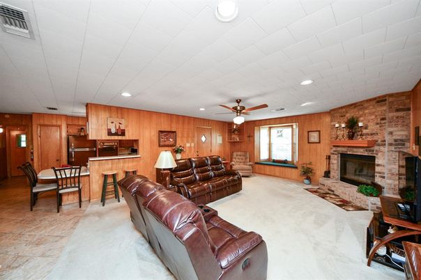 Fireplace, Interior, Kitchen, Living room, Recessed Lighting, Stone Walls, Wooden Walls