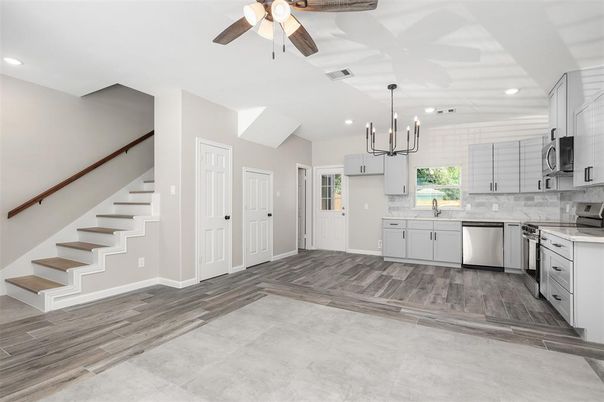 Interior, Kitchen, Pendant Lights, Recessed Lighting, Stainless Steel Appliances, Wood Texture Flooring