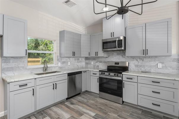 Interior, Kitchen, Stainless Steel Appliances, Wood Texture Flooring