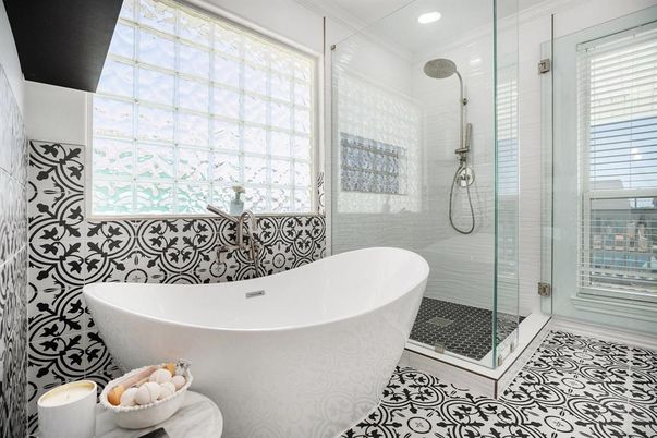 Bathroom, Free Standing Baths, Glass Shower, Interior, Recessed Lighting