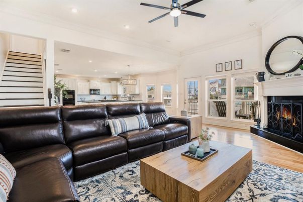 Fireplace, Interior, Kitchen, Living room, Pendant Lights, Recessed Lighting, Wood Texture Flooring
