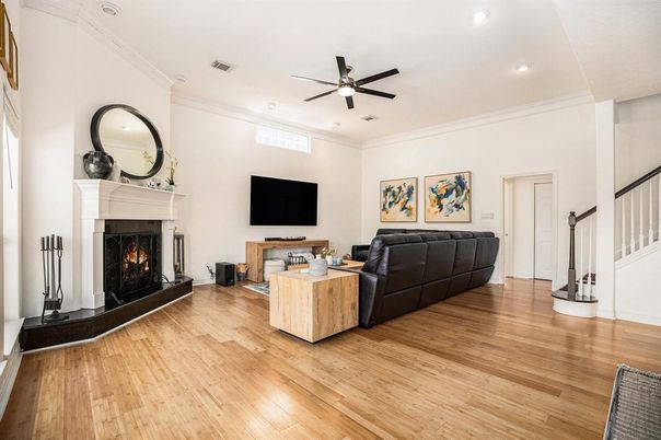 Fireplace, Interior, Living room, Recessed Lighting, Wood Texture Flooring