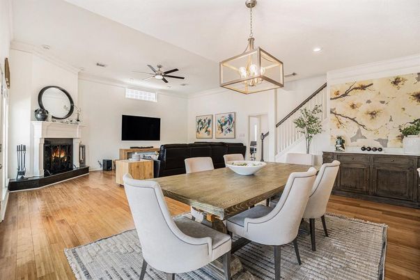 Dining room, Fireplace, Interior, Pendant Lights, Recessed Lighting, Wood Texture Flooring