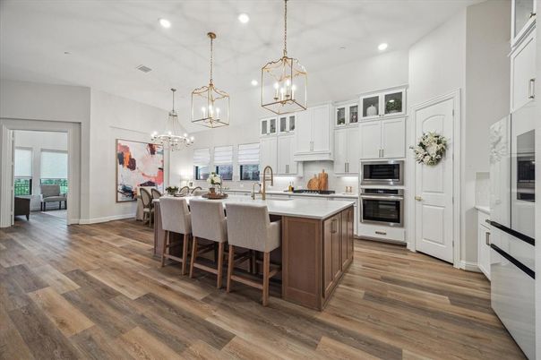 Chandelier, Interior, Kitchen, Pendant Lights, Recessed Lighting, Stainless Steel Appliances, Wood Texture Flooring