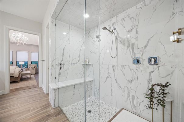 Bathroom, Bedroom, Glass Shower, Interior, Marble Walls, Recessed Lighting, Wood Texture Flooring
