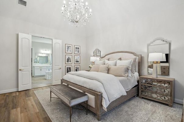 Bedroom, Chandelier, Interior, Wood Texture Flooring