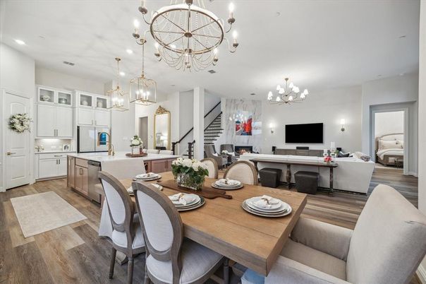 Chandelier, Dining room, Interior, Kitchen, Living room, Pendant Lights, Recessed Lighting, Wood Texture Flooring