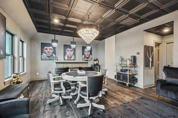 Chandelier, Home Office, Interior, Recessed Lighting, Wood Texture Flooring