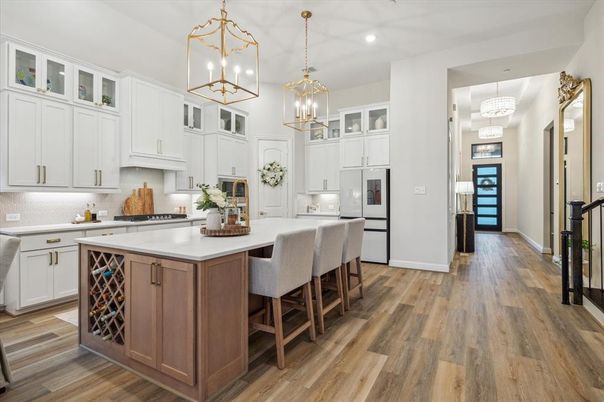 Chandelier, Interior, Kitchen, Pendant Lights, Recessed Lighting, Wood Texture Flooring