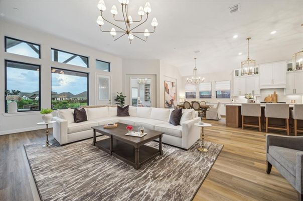 Chandelier, Dining room, Interior, Kitchen, Living room, Pendant Lights, Recessed Lighting, Wood Texture Flooring